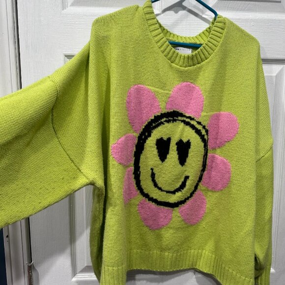ASOS Oversized Smiley Flower Sweater – Lime Green - Picture 2 of 3